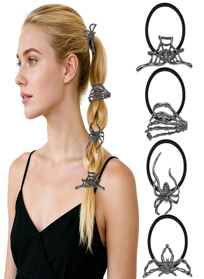 Tiefebene 4PCS Halloween Hair Ties, Silver Black Spider Web Skeleton Hand Skull Hair Ties, Gothic Metal Ponytail Hair Cuff for Women, Hiphop Metal Durable Elegant ponytail holders, Halloween Hair Accessories - Image 1